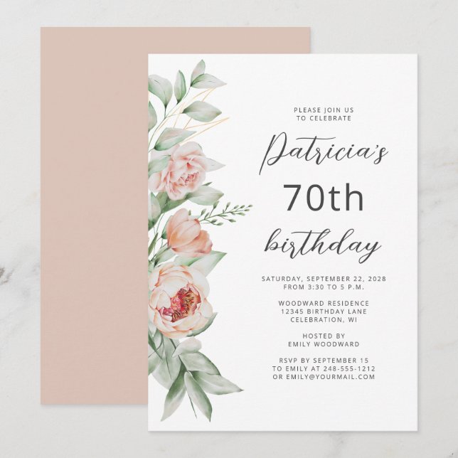 Invitation Aquarelle Floral Peach Blush 70e anniversaire (Devant / Derrière)