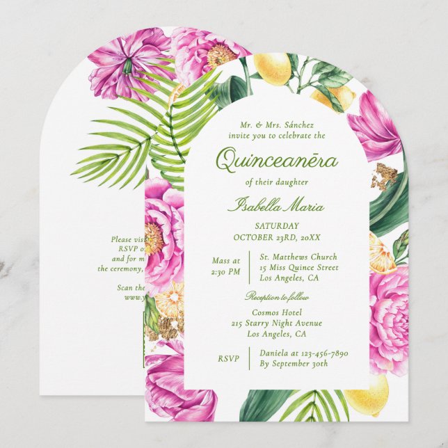 Invitation Aquarelle Floral Peonies QR Code Quinceañera (Devant / Derrière)