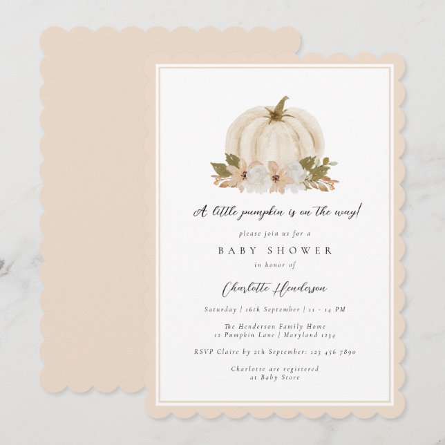 Invitation Aquarelle Floral Petit Baby shower Citrouille (Devant / Derrière)