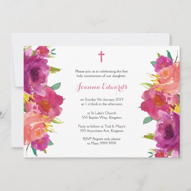 Invitation Aquarelle Floral Première communion personnalisée (Devant)
