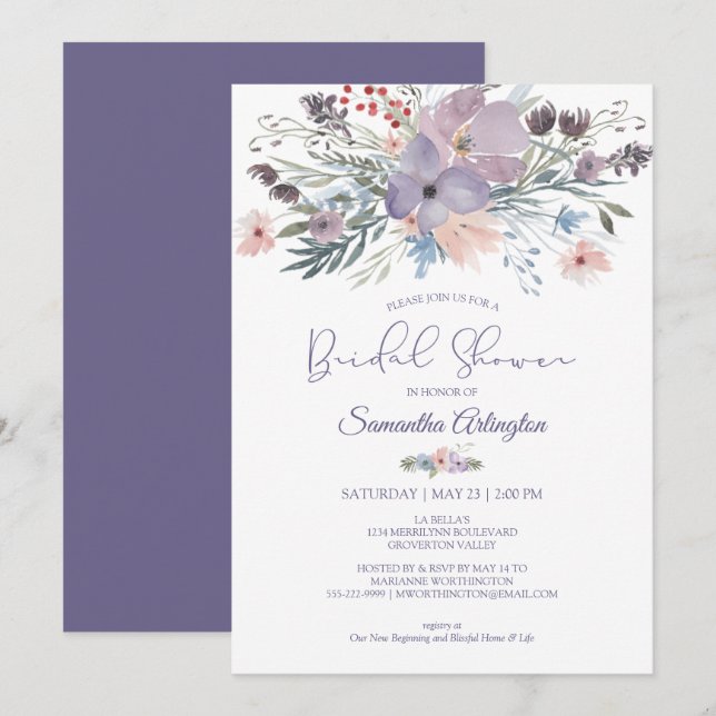 Invitation Aquarelle Floral Purple Blush Fête des mariées (Devant / Derrière)