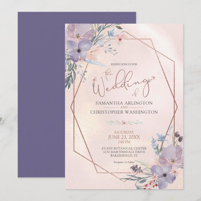 Invitation Aquarelle Floral Purple Rose or Mariage or  (Devant / Derrière)