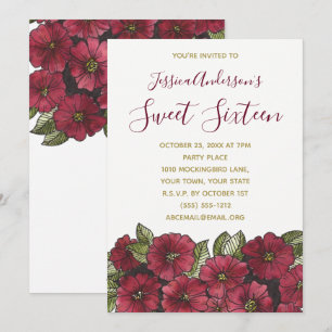 Invitation Aquarelle Floral Red Gold Sweet 16 Anniversaire