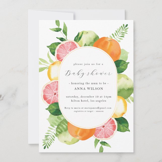 Invitation Aquarelle Floral rose Baby shower vert (Devant)