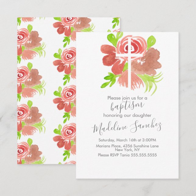 Invitation Aquarelle Floral rose Baptême Dédication (Devant / Derrière)