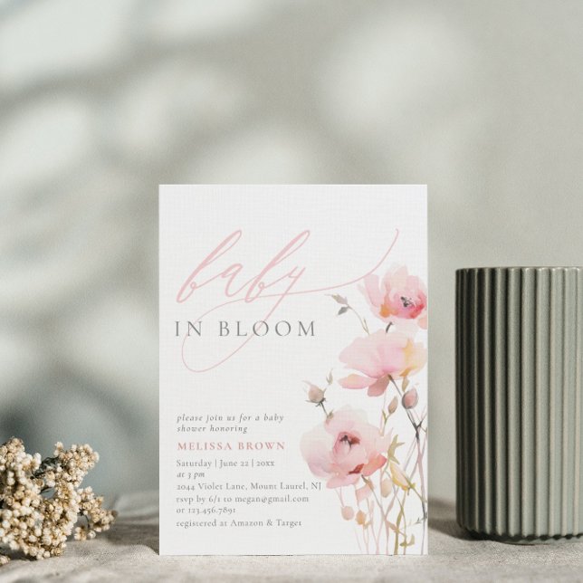 Invitation Aquarelle Floral rose bébé Baby shower fille (Créateur téléchargé)