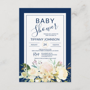 Invitation Aquarelle Floral rose Beige Baby shower bleu marin