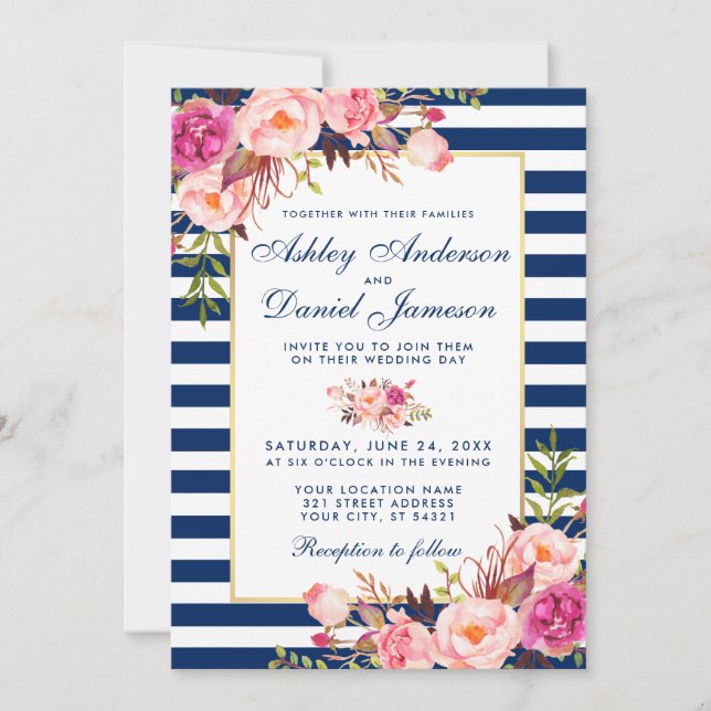 Invitation Aquarelle Floral Rose Bleu Mariage rayé B (Devant)