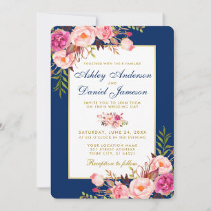 Invitation Aquarelle Floral Rose Bleu Or Mariage W