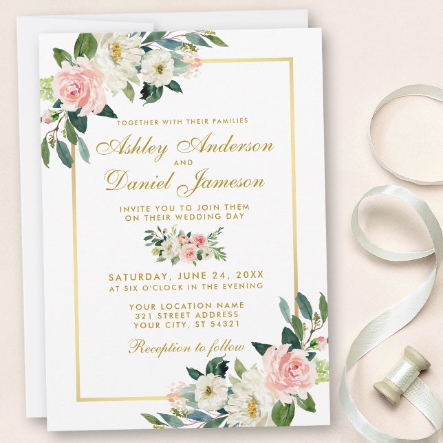 Invitation Aquarelle Floral Rose Blush Blanc Mariage or (Customize to change text size, style or text color.)