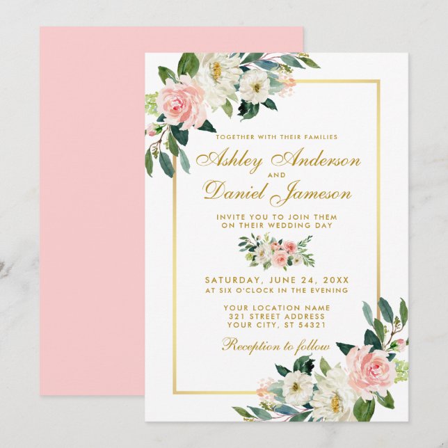 Invitation Aquarelle Floral Rose Blush Blanc Or Mariage P (Devant / Derrière)