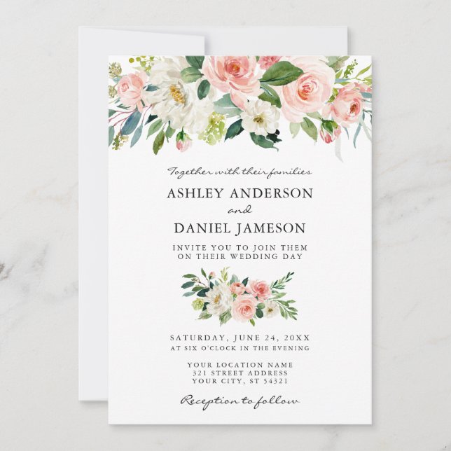 Invitation Aquarelle Floral Rose Blush Élégant Mariage W (Devant)