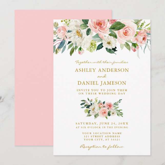 Invitation Aquarelle Floral Rose Blush Mariage Or (Devant / Derrière)