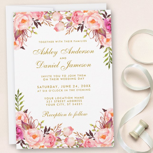 Invitation Aquarelle Floral Rose Blush Mariage or (Customize to change text size, color, text style or to add more text to back.)