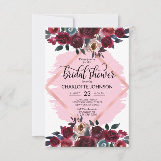 Invitation Aquarelle Floral rose Bourgogne Fête des mariées P (Devant)