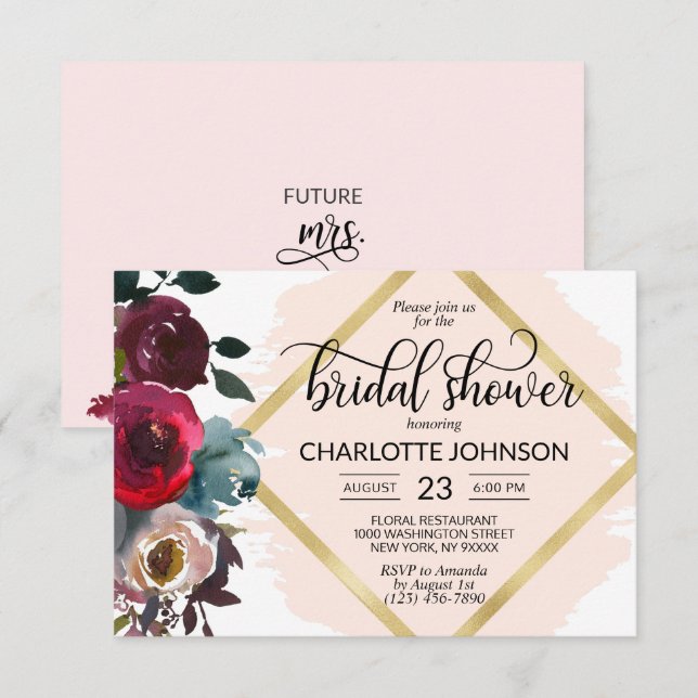 Invitation Aquarelle Floral rose Bourgogne or Fête des mariée (Devant / Derrière)
