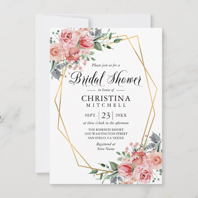Invitation Aquarelle Floral rose Dusty Fête des mariées Rose (Devant)