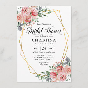 Invitation Aquarelle Floral rose Dusty Fête des mariées Rose