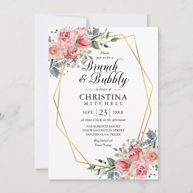 Invitation Aquarelle Floral Rose Dusty Rose Brunch Bubbly (Devant)