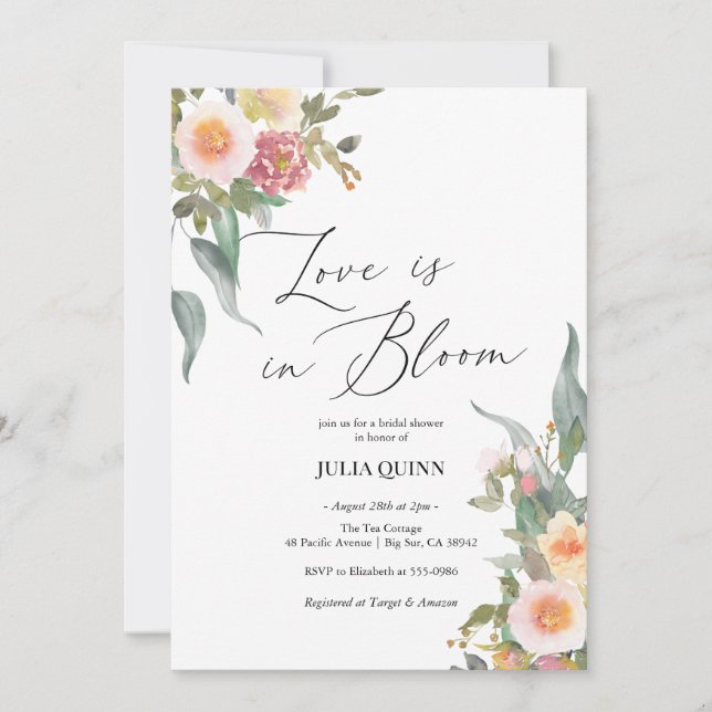 Invitation Aquarelle Floral rose Fête des mariées verte (Devant)