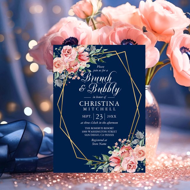Invitation Aquarelle Floral Rose Marine Bleu Brunch Bubbly (Watercolor Floral Pink Navy Blue Brunch Bubbly Invitation)