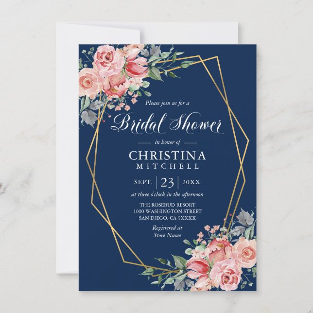 Invitation Aquarelle Floral Rose Marine Fête des mariées bleu (Devant)