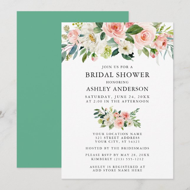 Invitation Aquarelle Floral rose Neo Mint Fête des mariées (Devant / Derrière)