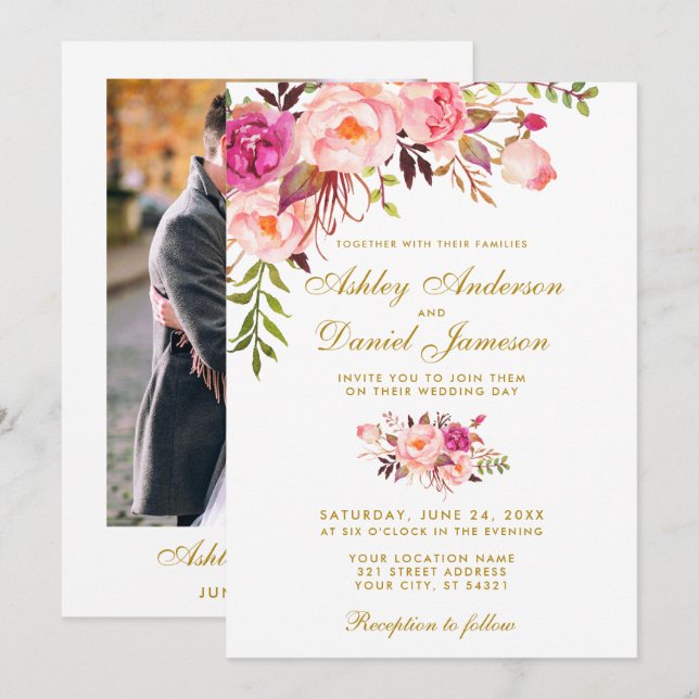 Invitation Aquarelle Floral rose or Mariage photo (Devant / Derrière)