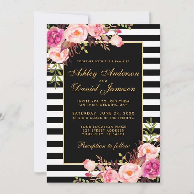 Invitation Aquarelle Floral rose or noir Mariage rayé (Devant)