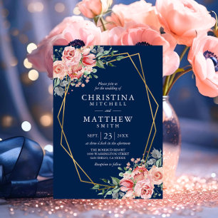 Invitation Aquarelle Floral Rose Pâle Bleu Marine Mariage