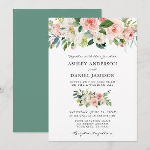 Invitation Aquarelle Floral rose pâle Mariage de verdure