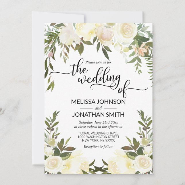 Invitation Aquarelle Floral rose Peach Mariage or ivoire (Devant)