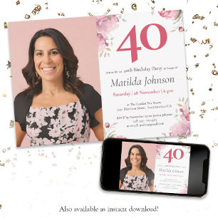 Invitation Aquarelle Floral Rose Photo personnalisée 40e anni