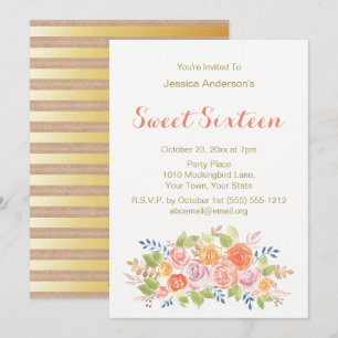 Invitation Aquarelle Floral Rose Rustic Gold Sweet 16