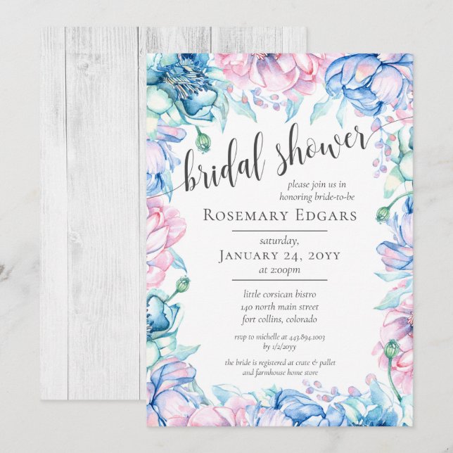 Invitation Aquarelle Floral Rustic Farmhouse Fête des mariées (Devant / Derrière)