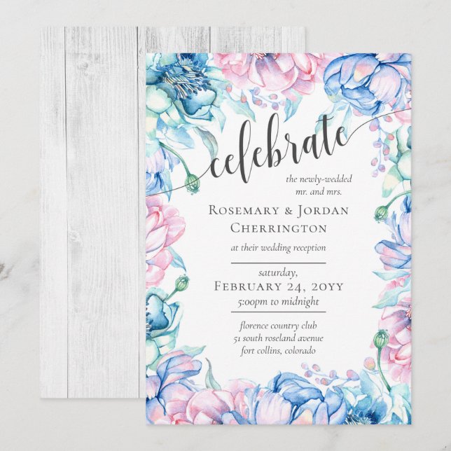 Invitation Aquarelle Floral & Rustic Wood Wedding Réception (Devant / Derrière)