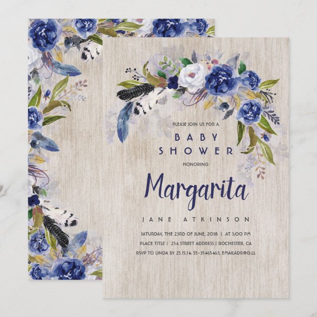 Invitation Aquarelle Floral Rustique Baby shower Marine (Devant / Derrière)
