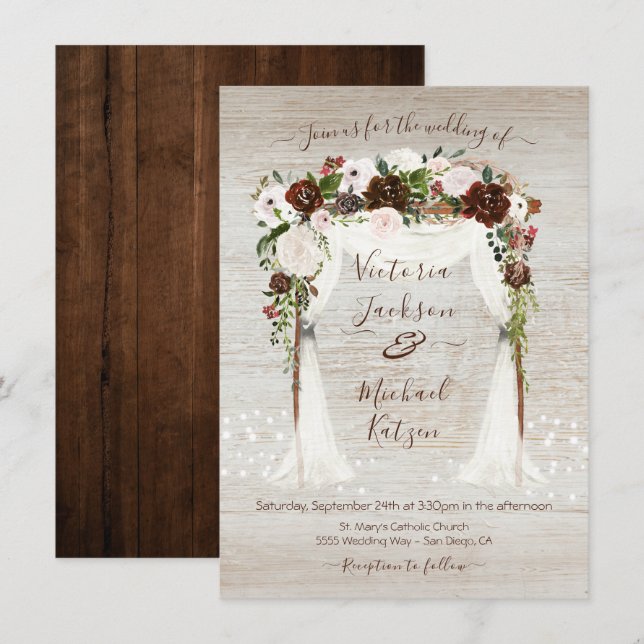 Invitation Aquarelle Floral Rustique Grange Mariage en bois (Devant / Derrière)