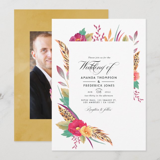 Invitation Aquarelle Floral Safari photo Mariage (Devant / Derrière)