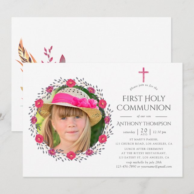 Invitation Aquarelle Floral Safari Première Communion Sainte (Devant / Derrière)