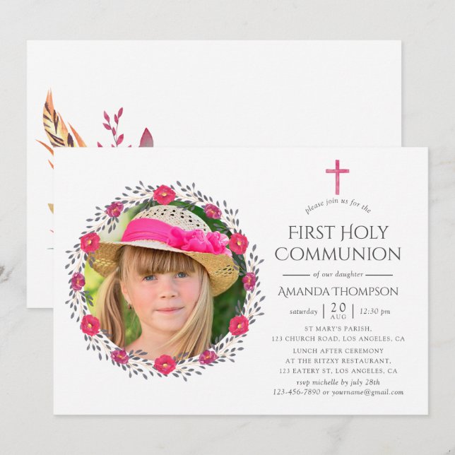Invitation Aquarelle Floral Safari Première Communion Sainte (Devant / Derrière)