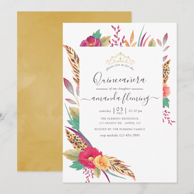Invitation Aquarelle Floral Safari Quinceañera (Devant / Derrière)