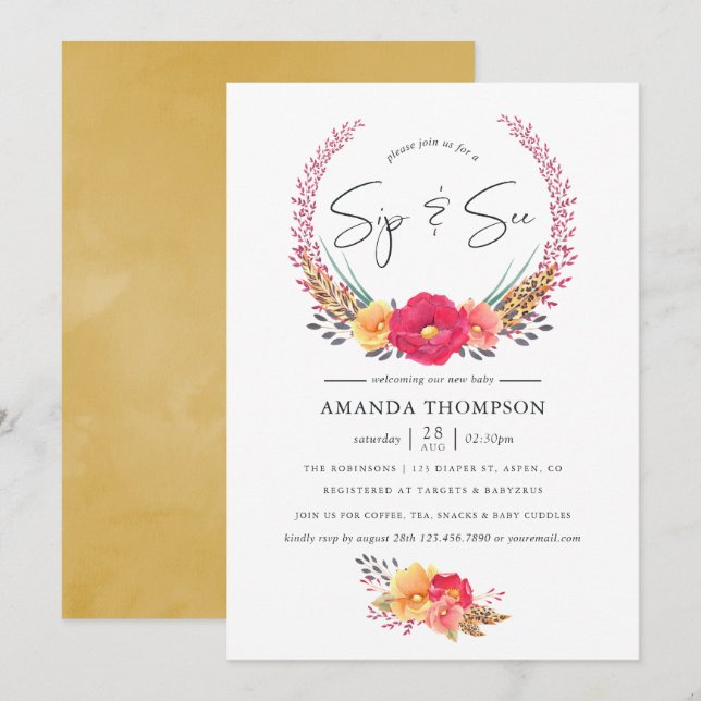 Invitation Aquarelle Floral Safari Sip et voir (Devant / Derrière)