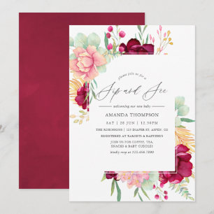 Invitation Aquarelle Floral Sip and See Bordeaux et rose