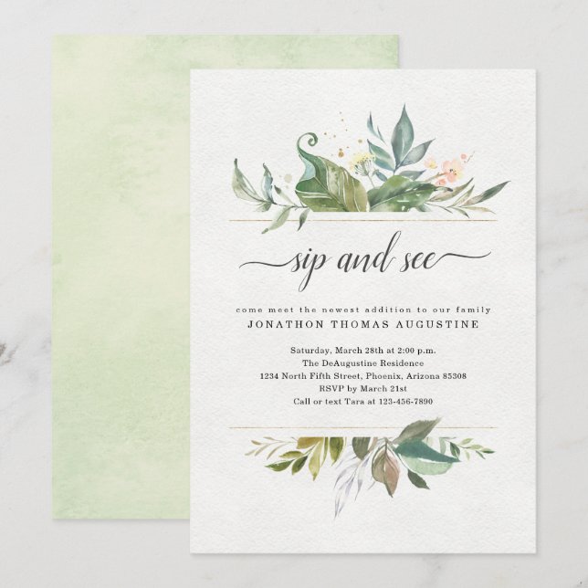 Invitation Aquarelle Floral Sip & Voir l'invitation (Devant / Derrière)