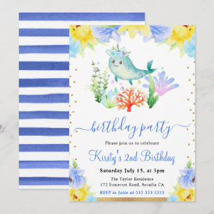 Invitation Aquarelle Floral sous-marin Narwhal Anniversaire