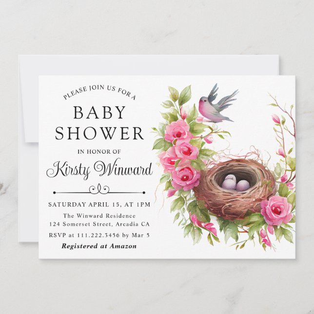 Invitation Aquarelle Floral Spring Bird Nest Baby shower (Devant)