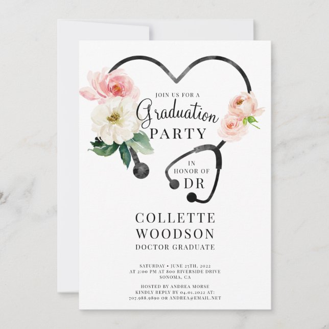 Invitation Aquarelle Floral Stethoscope Docteur Graduation (Devant)