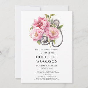 Invitation Aquarelle Floral Stethoscope Docteur Graduation