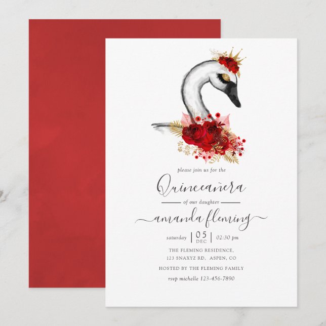 Invitation Aquarelle Floral Swan Quinceañera (Devant / Derrière)